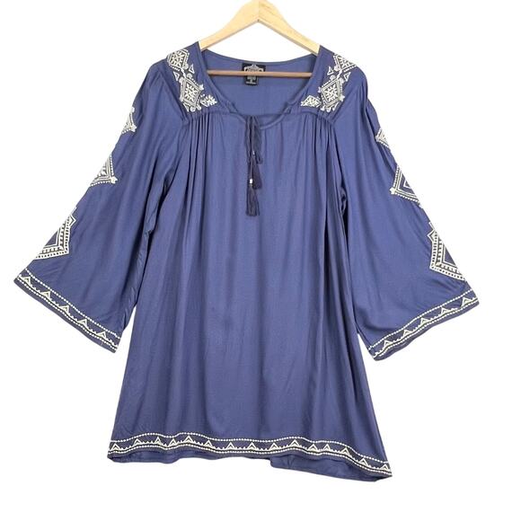 Angie Embroidered Long Bell Sleeve BOHO Trendy Peasant Tunic Dress Tassels Small - Picture 1 of 9